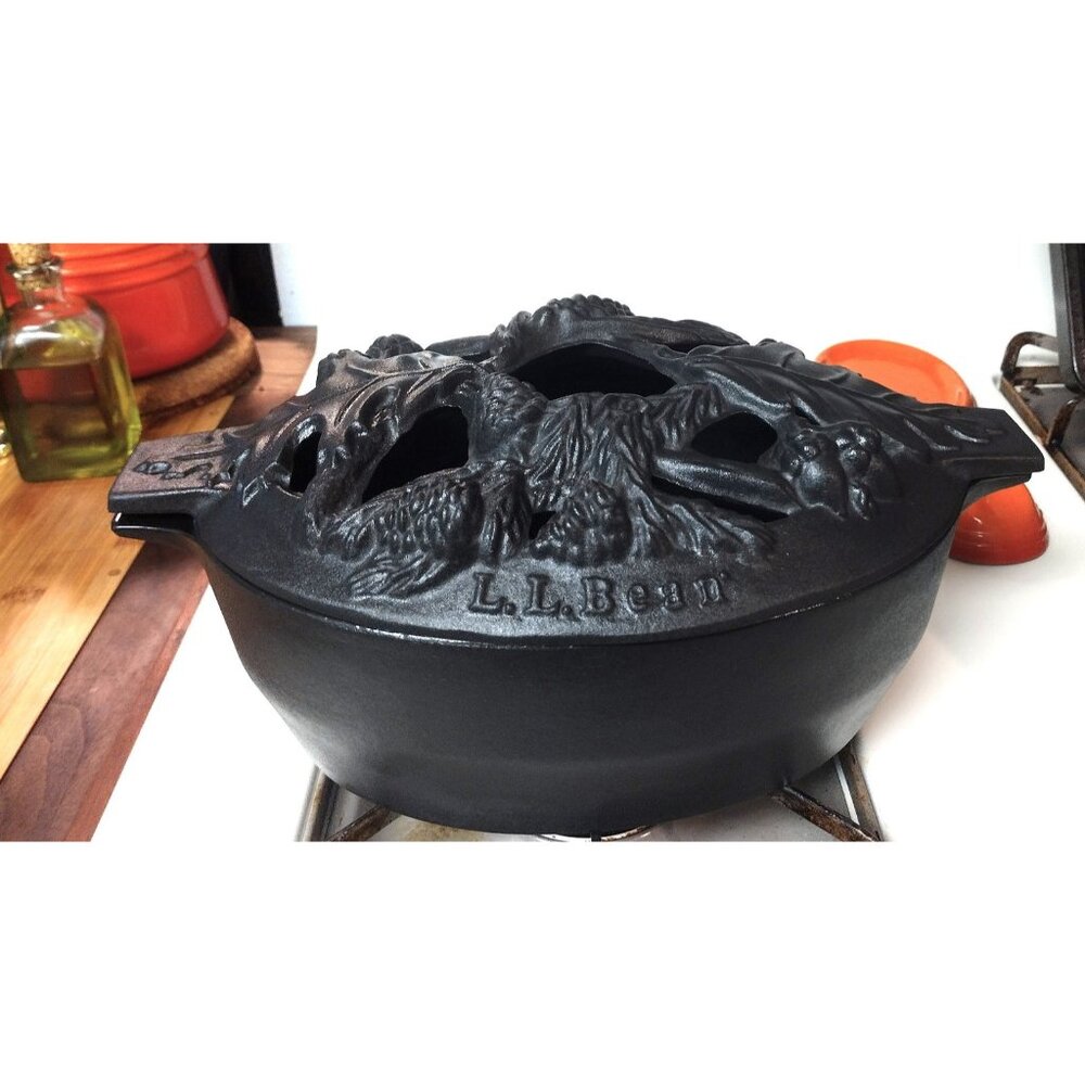 John Wright Vintage LL Bean Ornate Black Enameled Cast Iron Steamer Pine Needles - Picture 2 of 13